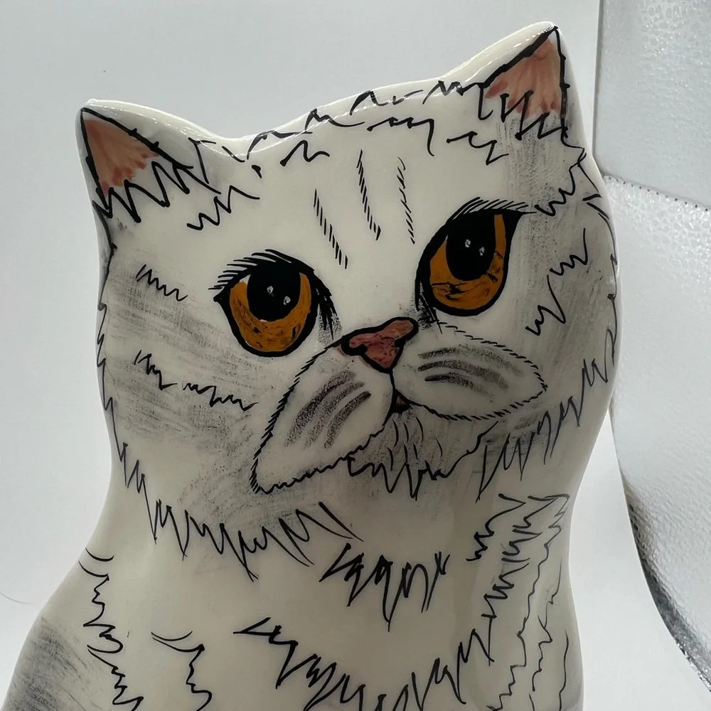Vtg Cats by Nina Lyman Ceramic Cat Vase FigurinePersian White Cat Gold Eye